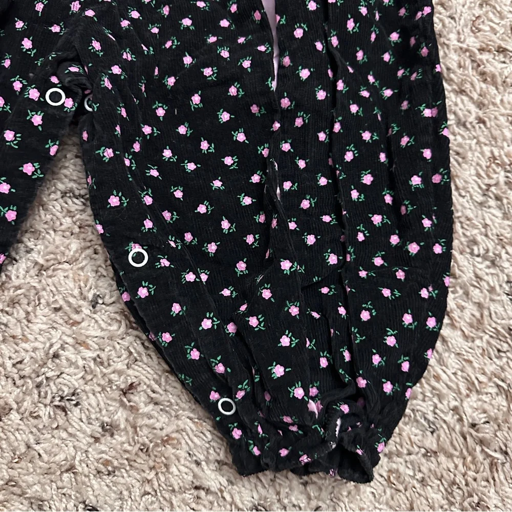 Vintage Tiny Tots Black & Pink Floral Corduroy Jumpsuit Baby Girl Size 18 Months